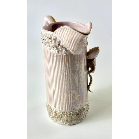 Vintage Ornate Pink Pitcher Vase With Gold Flower Details Hollywood Regency - Picture 5 of 11